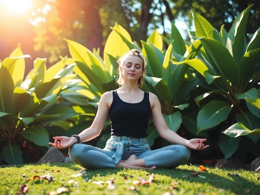 Woman meditating in a serene natural environment, surrounded by plants