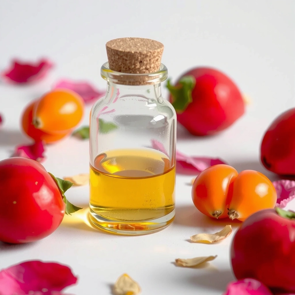 Rosehip Oil bottle with rose hips